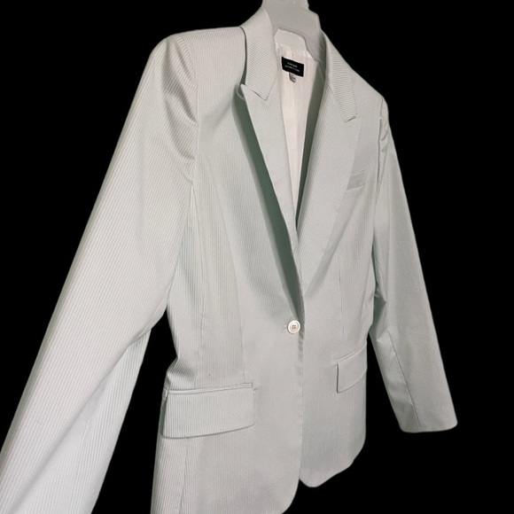 Beautiful (like new) Tahari 1 button blazer very light (mintish) green and white - Picture 3 of 12